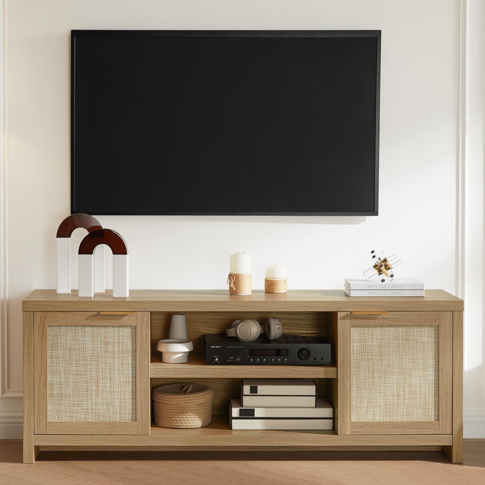 TV Stand with Rattan Doors for 50-65 Inch TVs