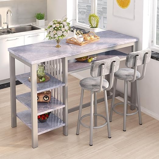 3-Piece Bar Table and Chairs Set with Storage Shelves