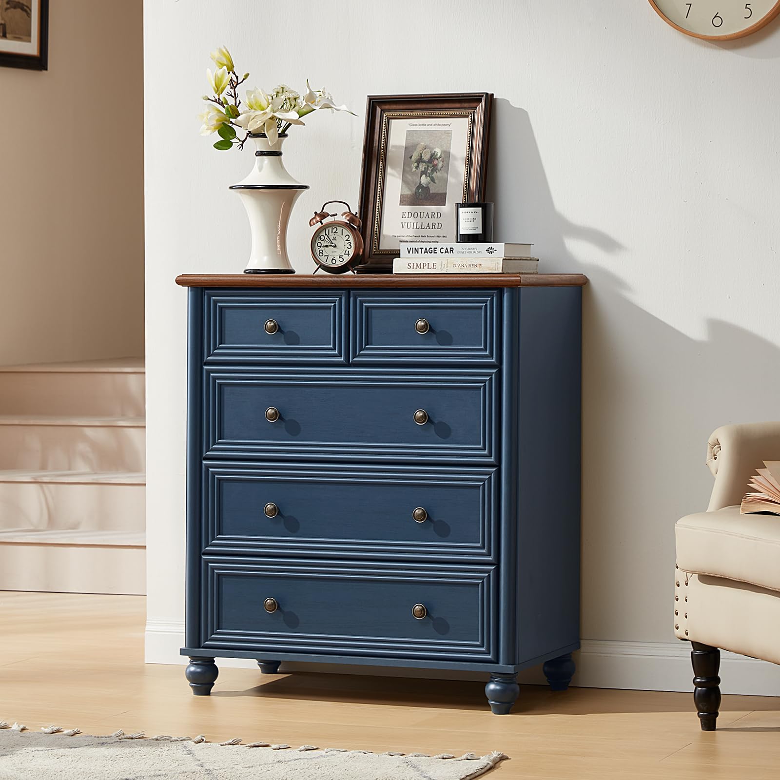 5 Drawer Dresser Navy Blue Farmhouse Style