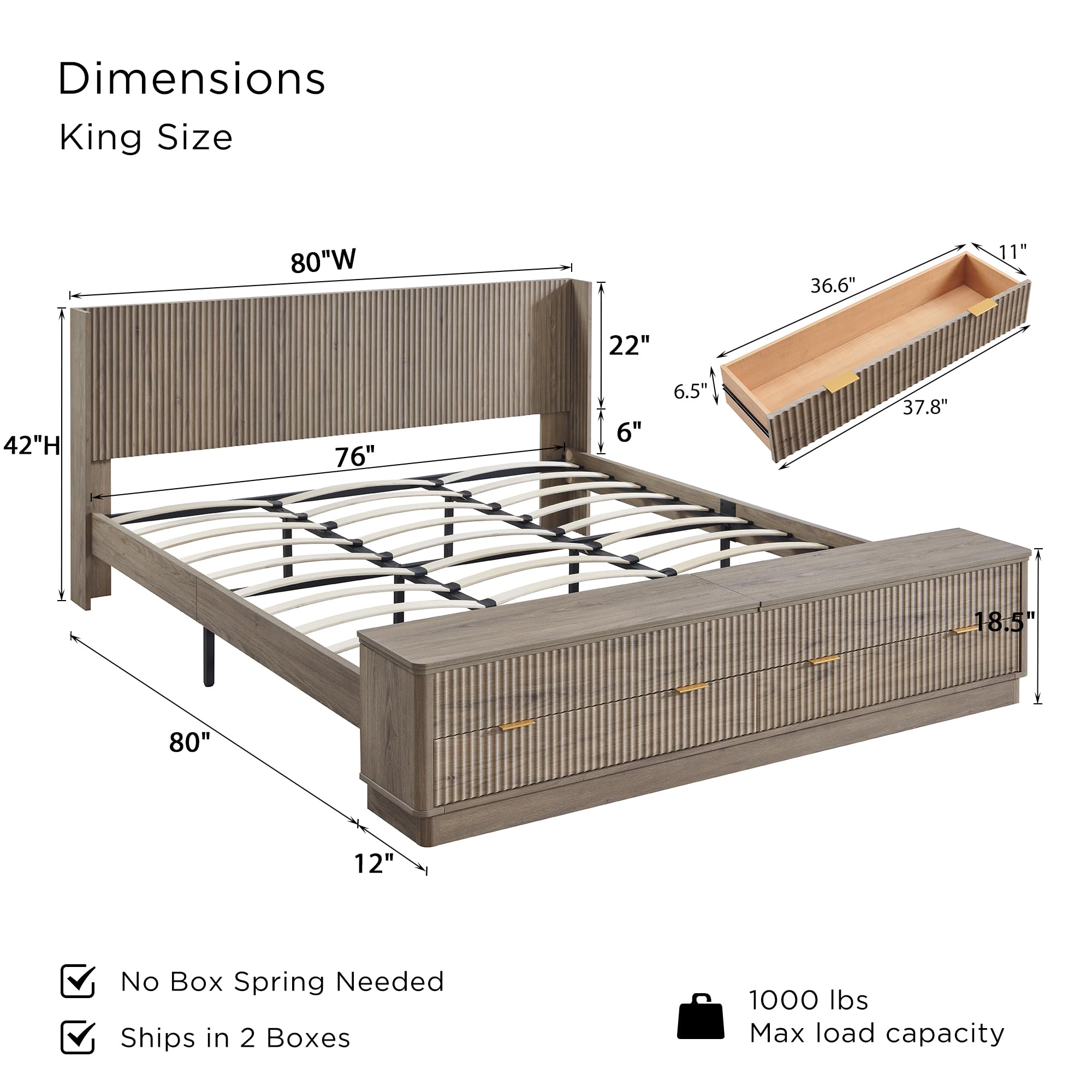 King Size Fluted Platform Bed with Storage