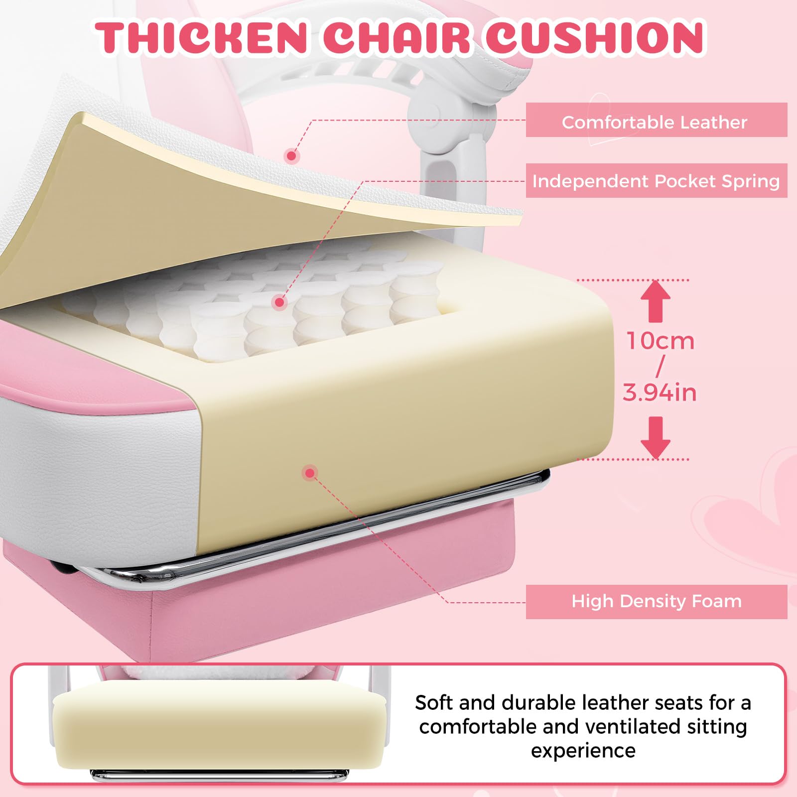 Pink Gaming Chair with Cat Ears and Massage Lumbar