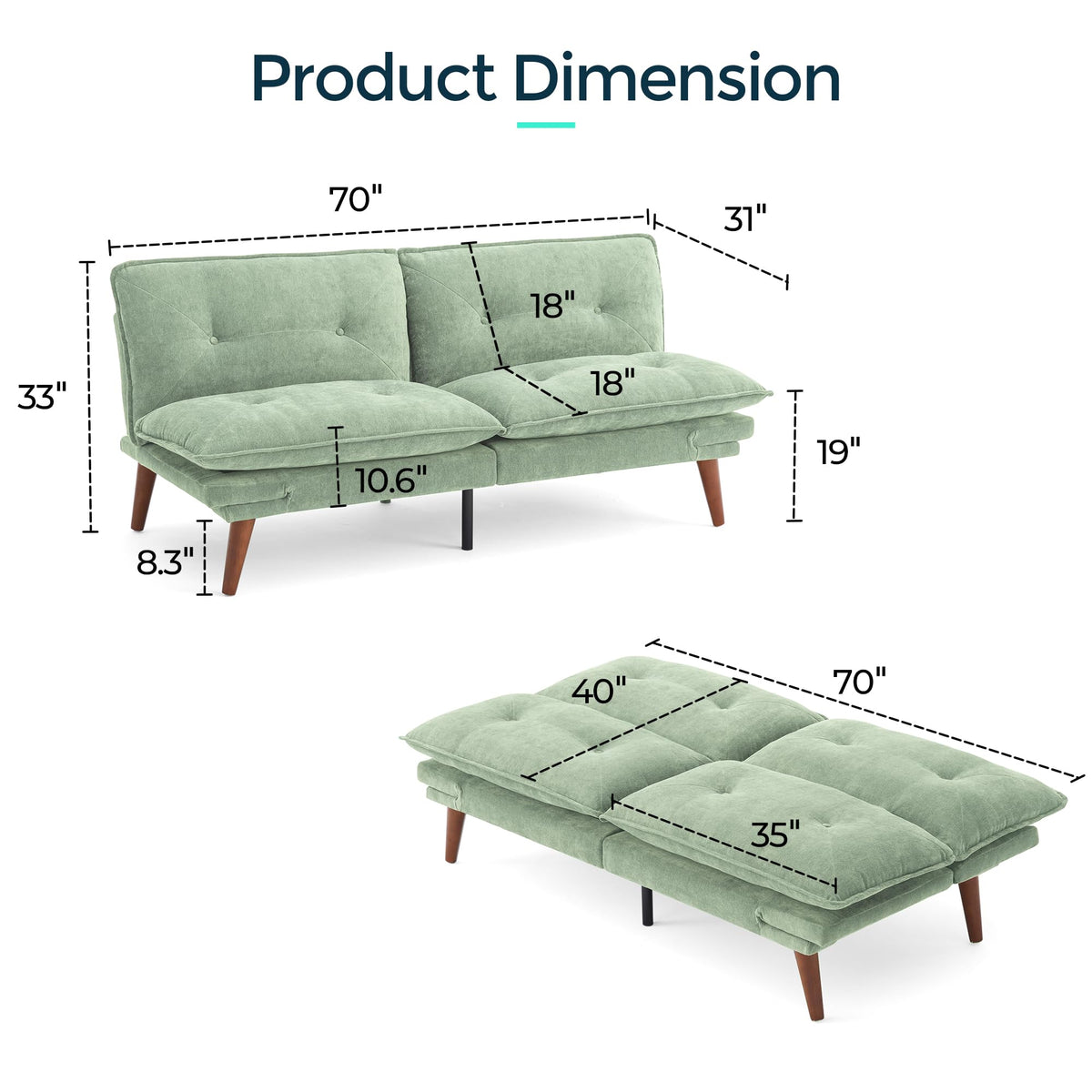 70" Convertible Futon Sofa Bed with Adjustable Backrest and Armrests