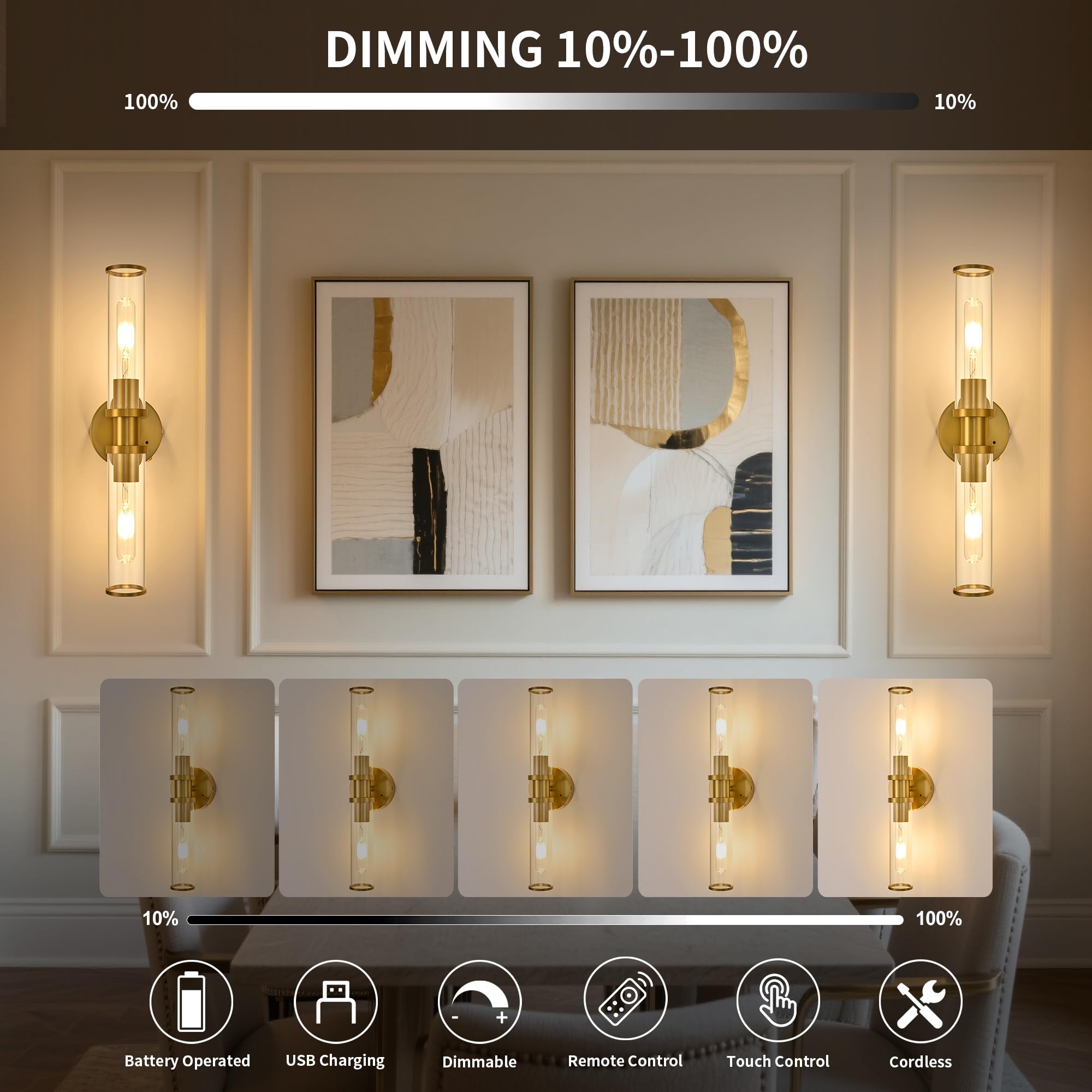 Battery Operated Wall Sconce Set with Remote Control - Dimmable Rechargeable LED Wall Lights