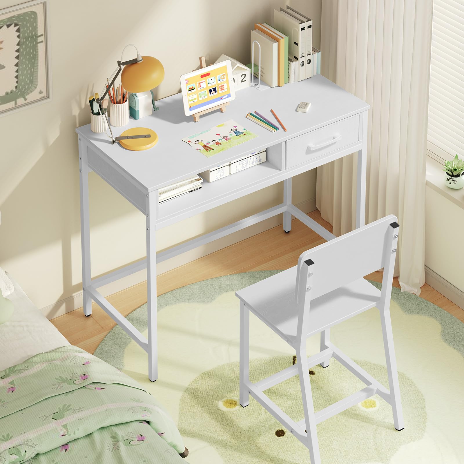 Kids Desk and Chair Set with Book Sorter and Fabric Drawer