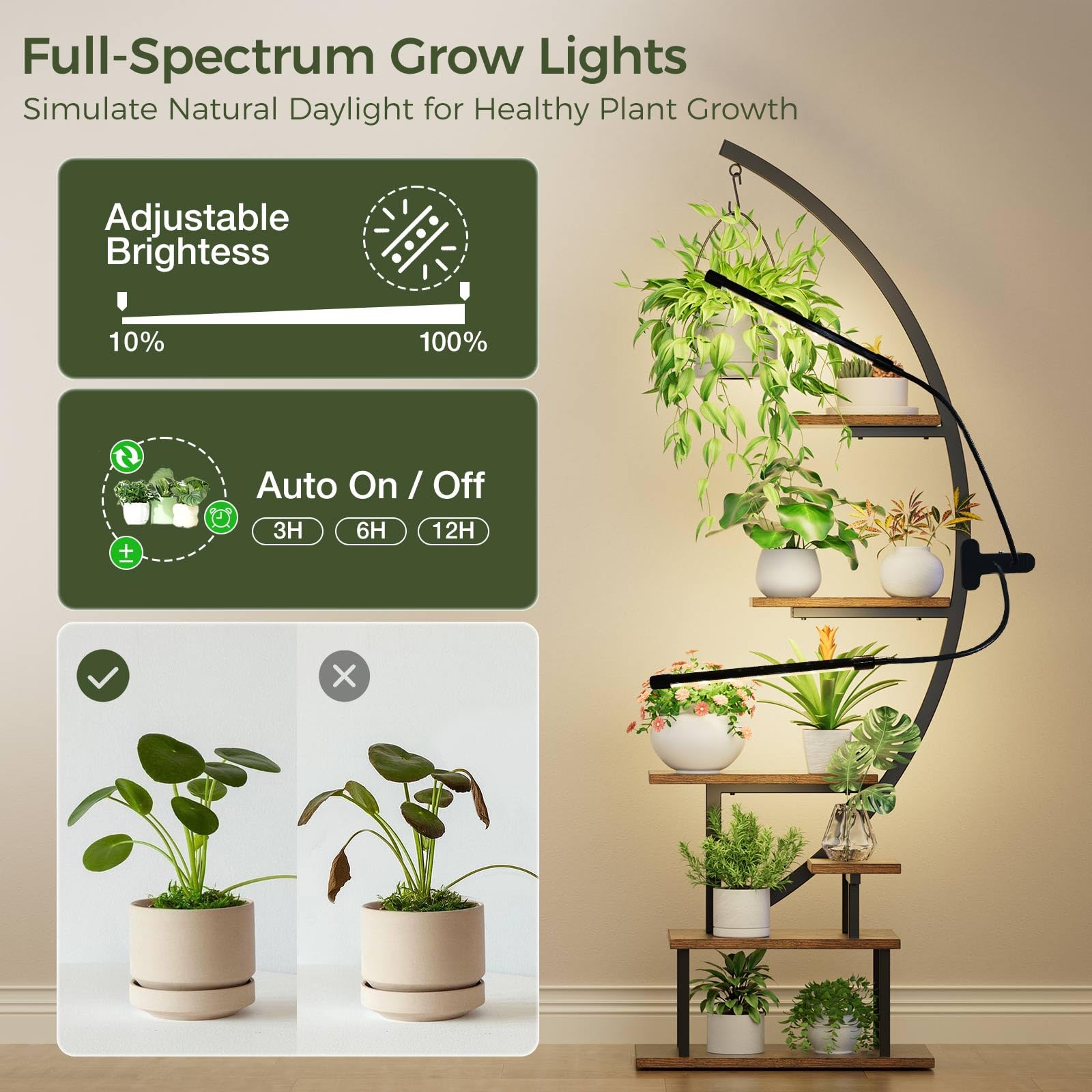 7-Tier Metal Plant Stand with LED Grow Light - Half Moon Design
