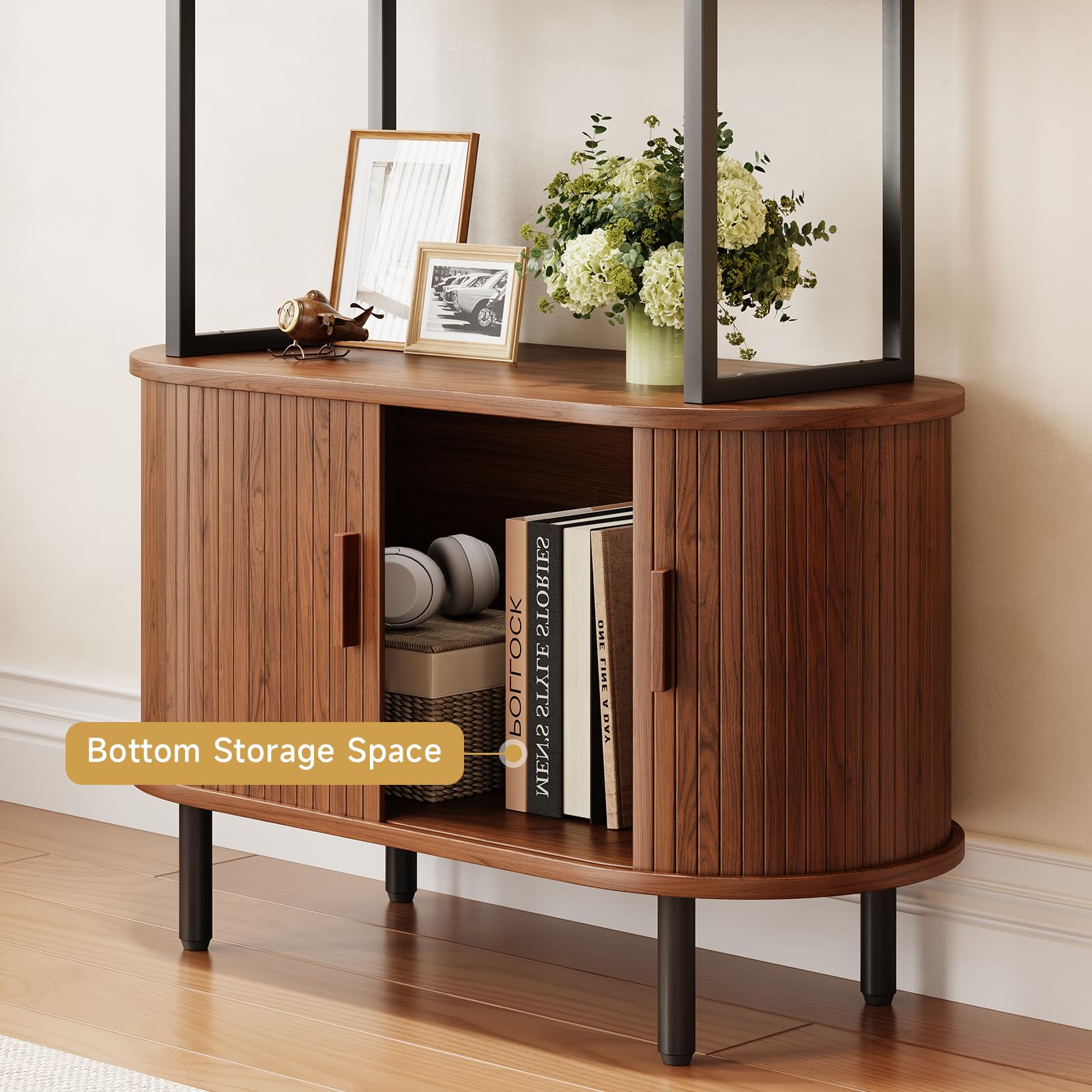 71" Tall Fluted Bookshelf with Sliding Tambour Doors