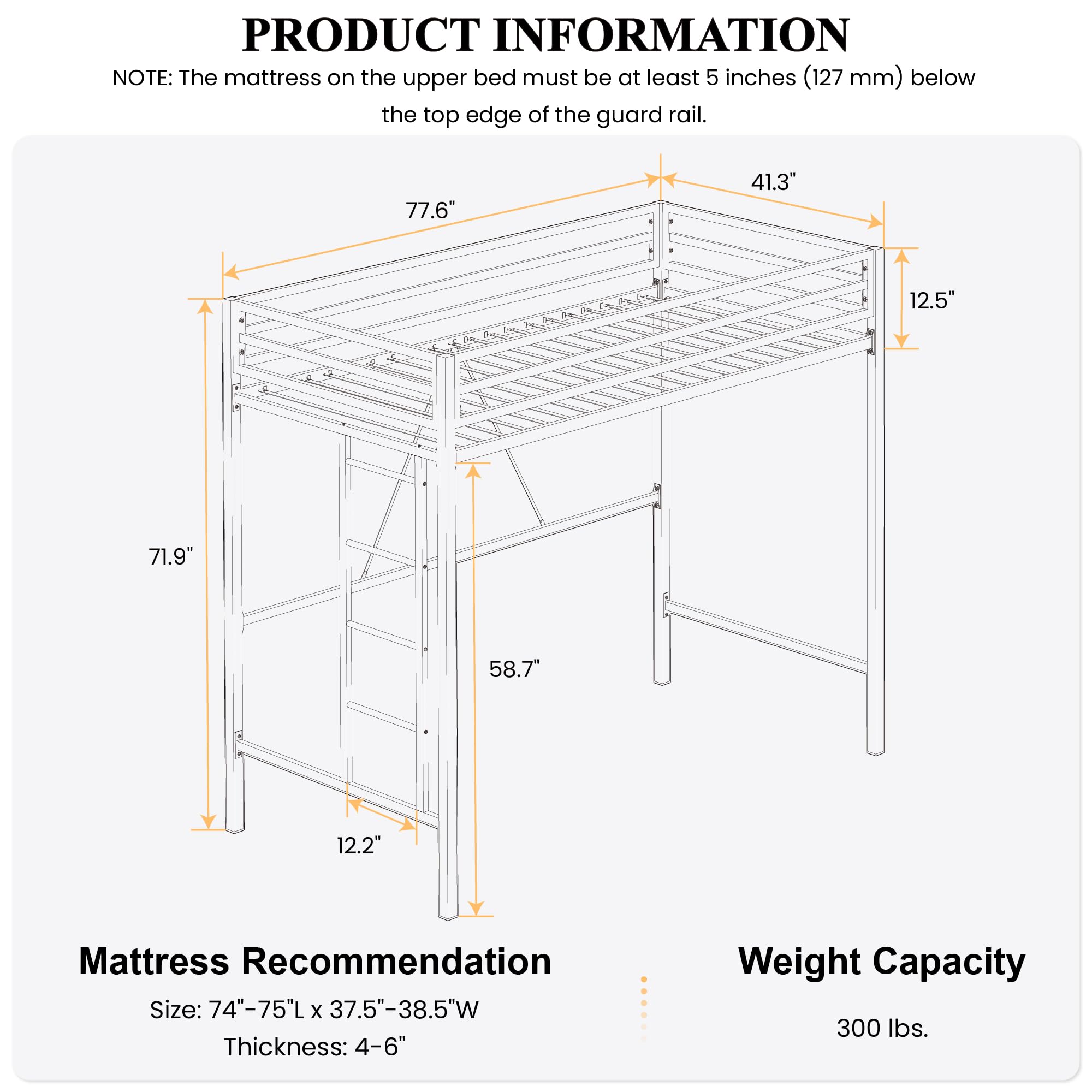 Twin Loft Bed with Ladder and Guardrail - Black Metal Frame