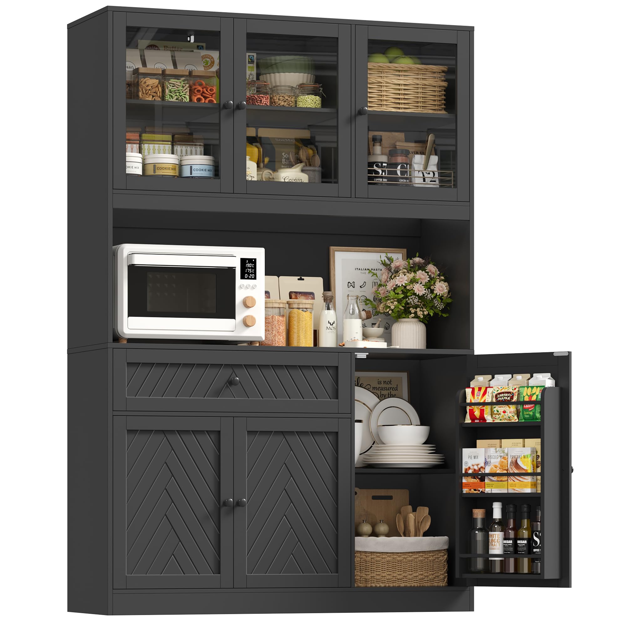 72" Tall Kitchen Pantry Storage Cabinet with Glass Doors