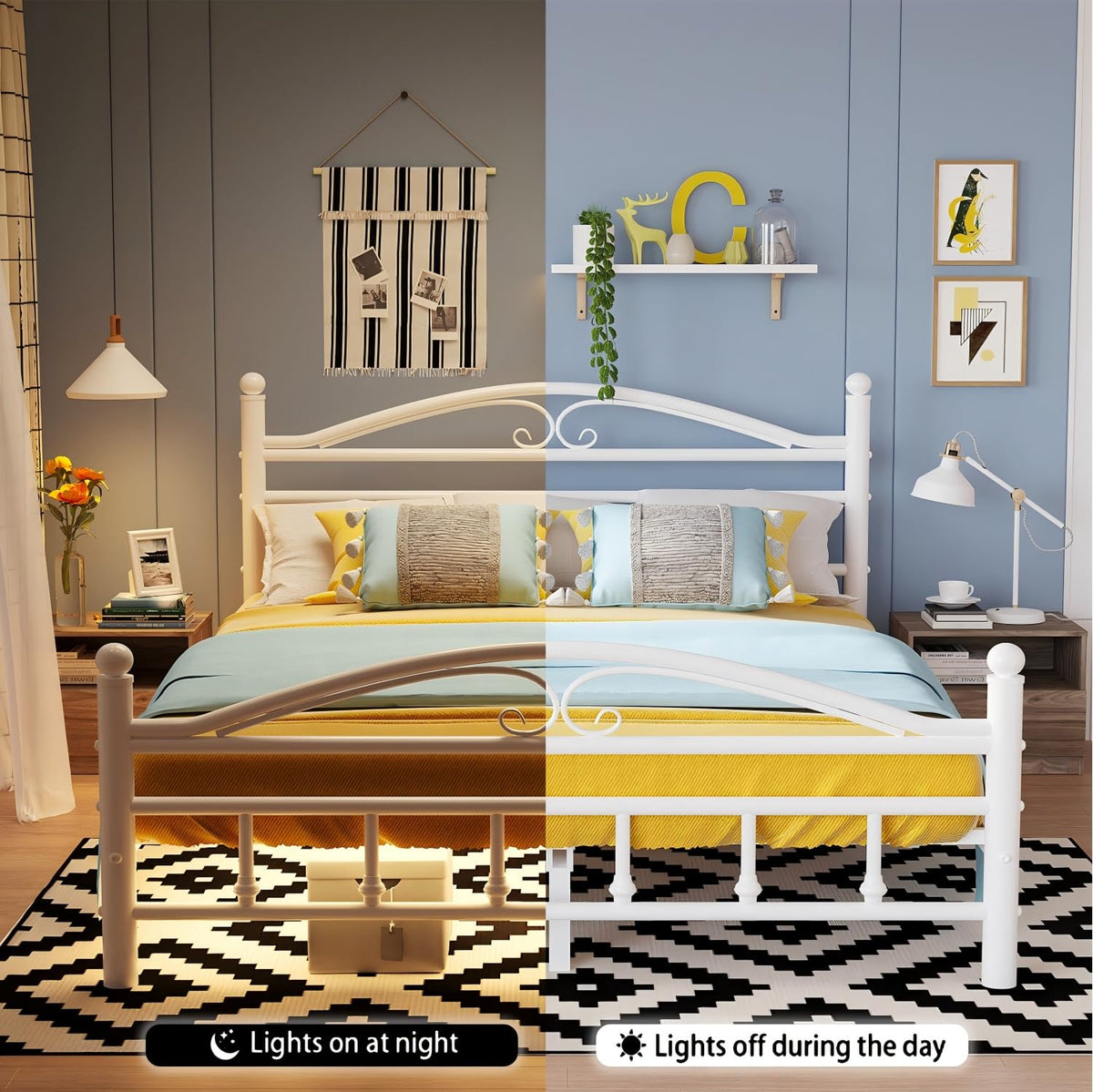 12 Inch Full Size Bed Frame with Charging Station and LED Lights