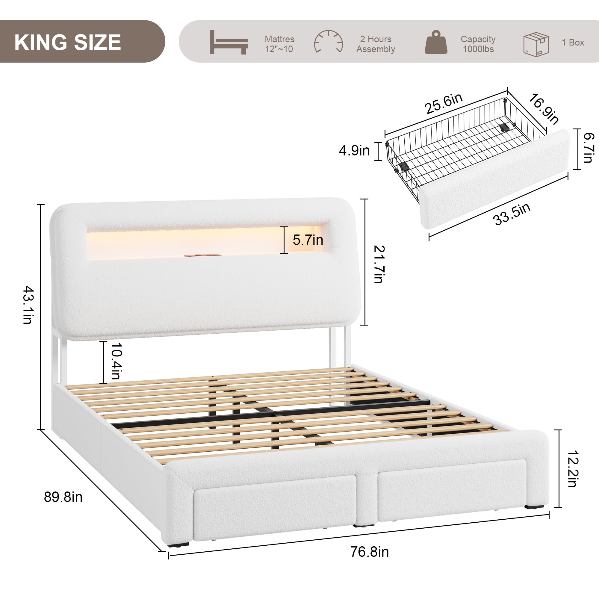 King LED Bed Frame with Storage Headboard and Charging Station