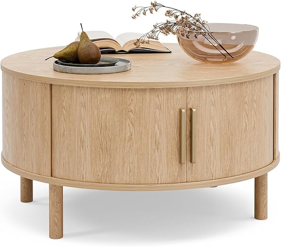 Oval Coffee Table with Sliding Door Cabinets