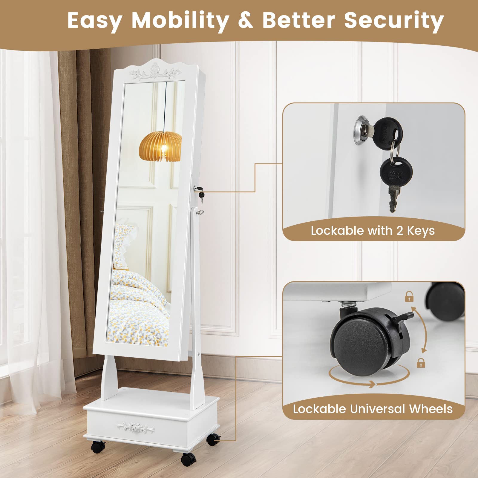 Rolling Jewelry Armoire with Full Length Mirror