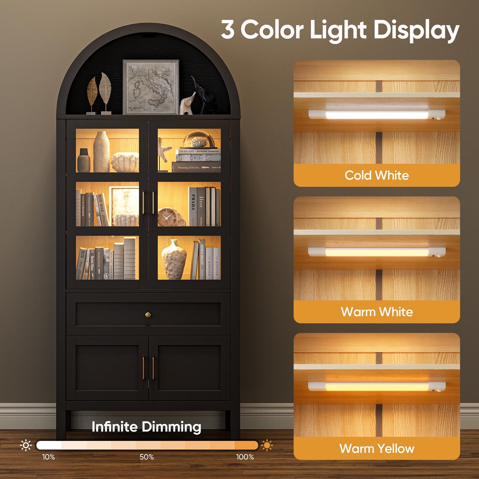 Arched Glass Display China Cabinet with LED Lighting