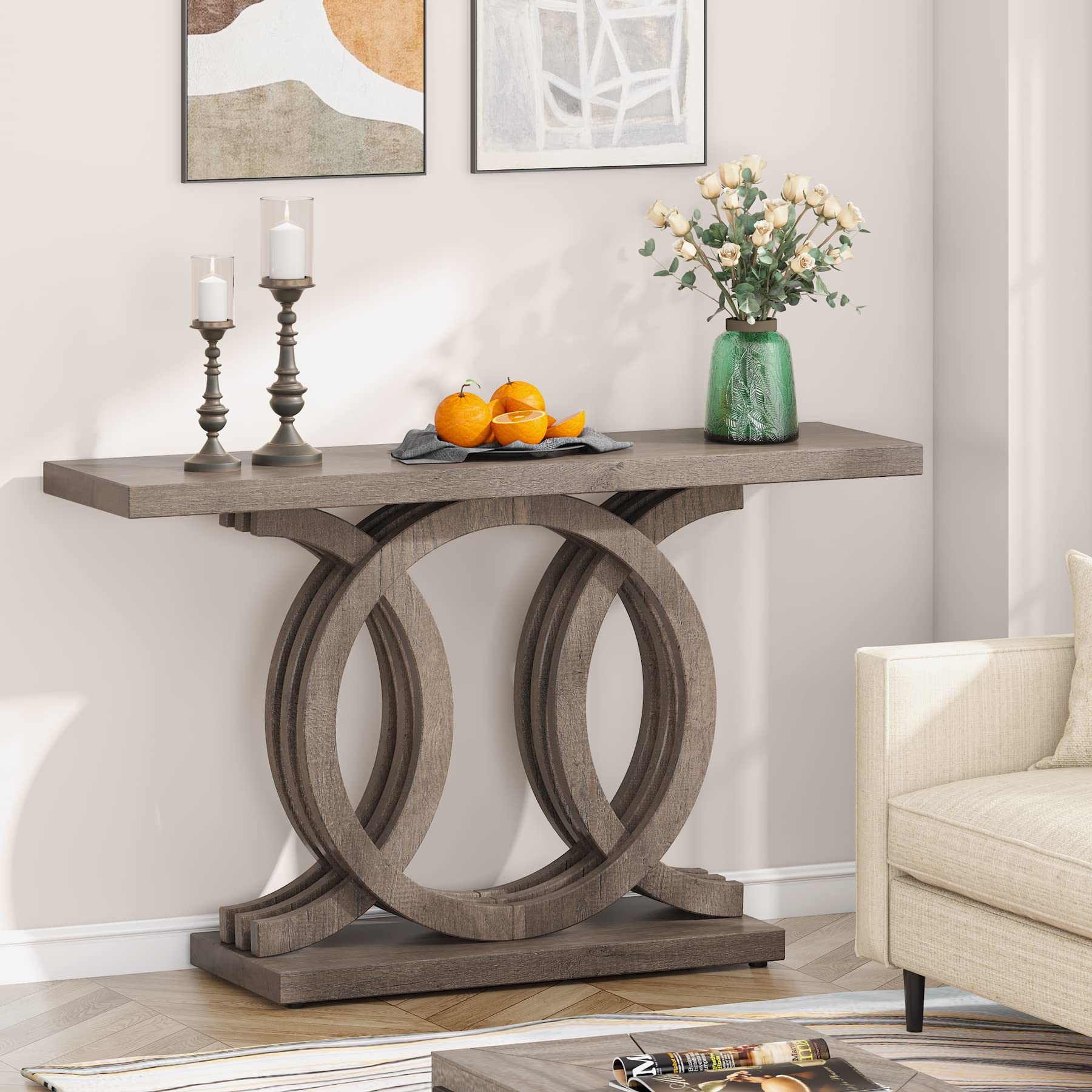 55" Wooden Console Table with Geometric Base