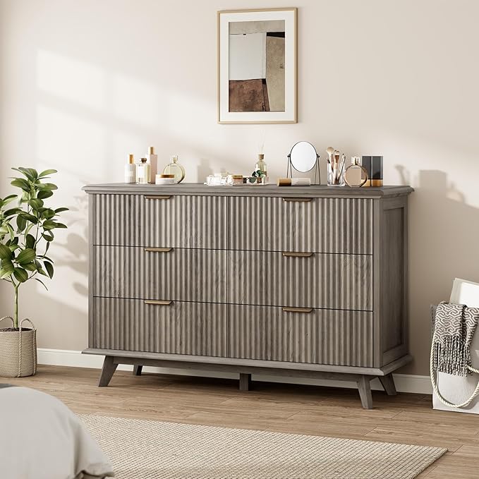 Fluted 6 Drawer Dresser with Metal Handle