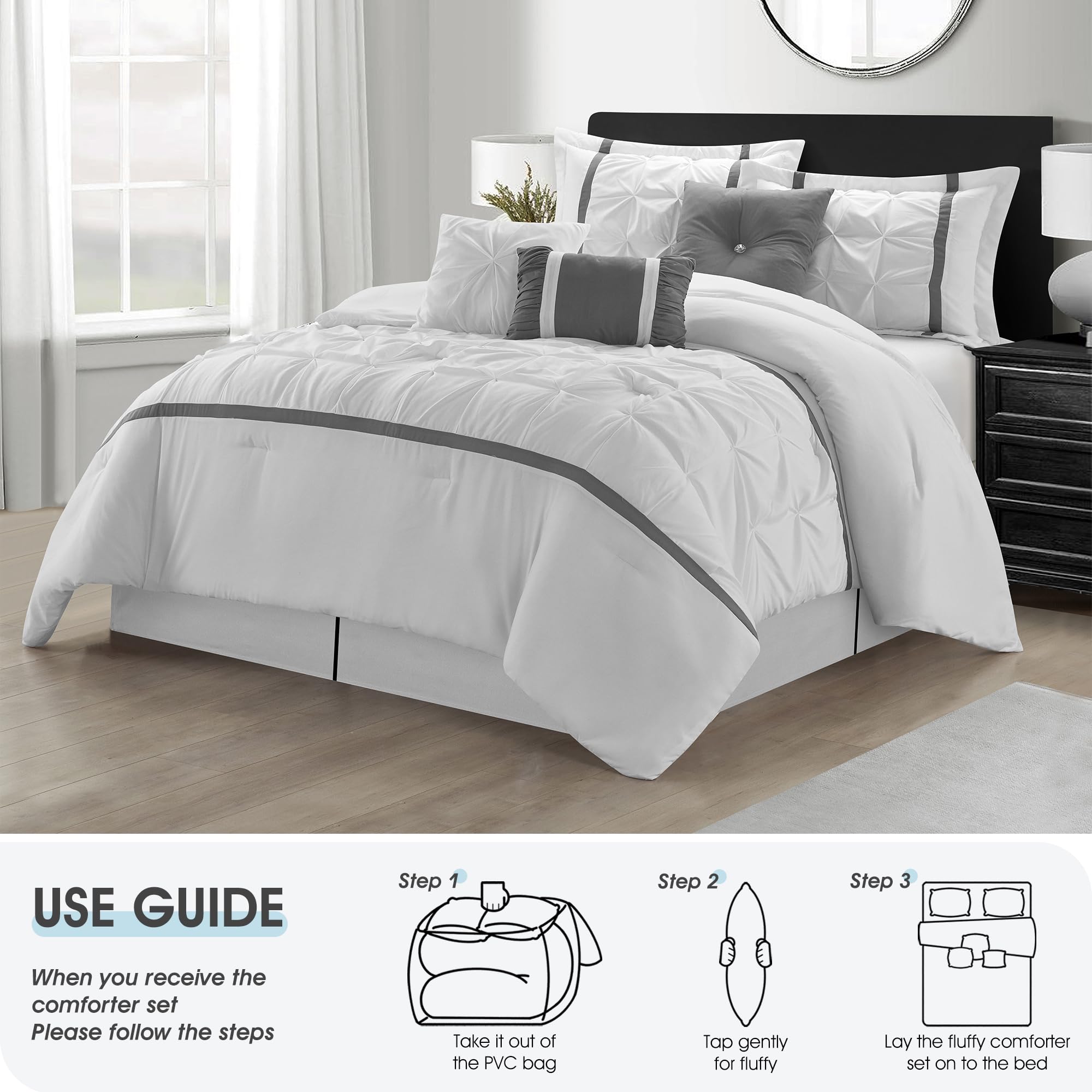Queen Comforter Set 7 Piece White Grey