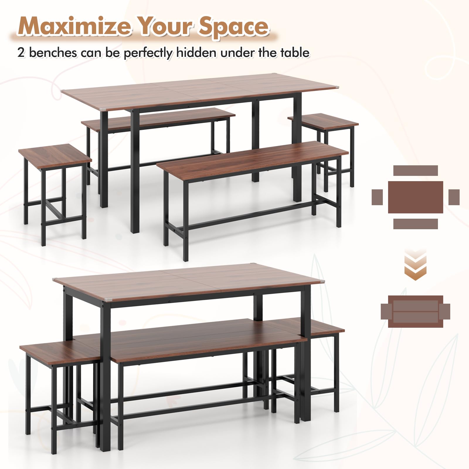 5-Piece Extendable Dining Table Set with Benches and Stools