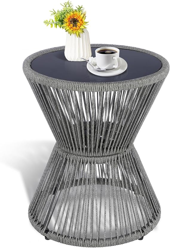Woven Rope Side Table with Glass Top