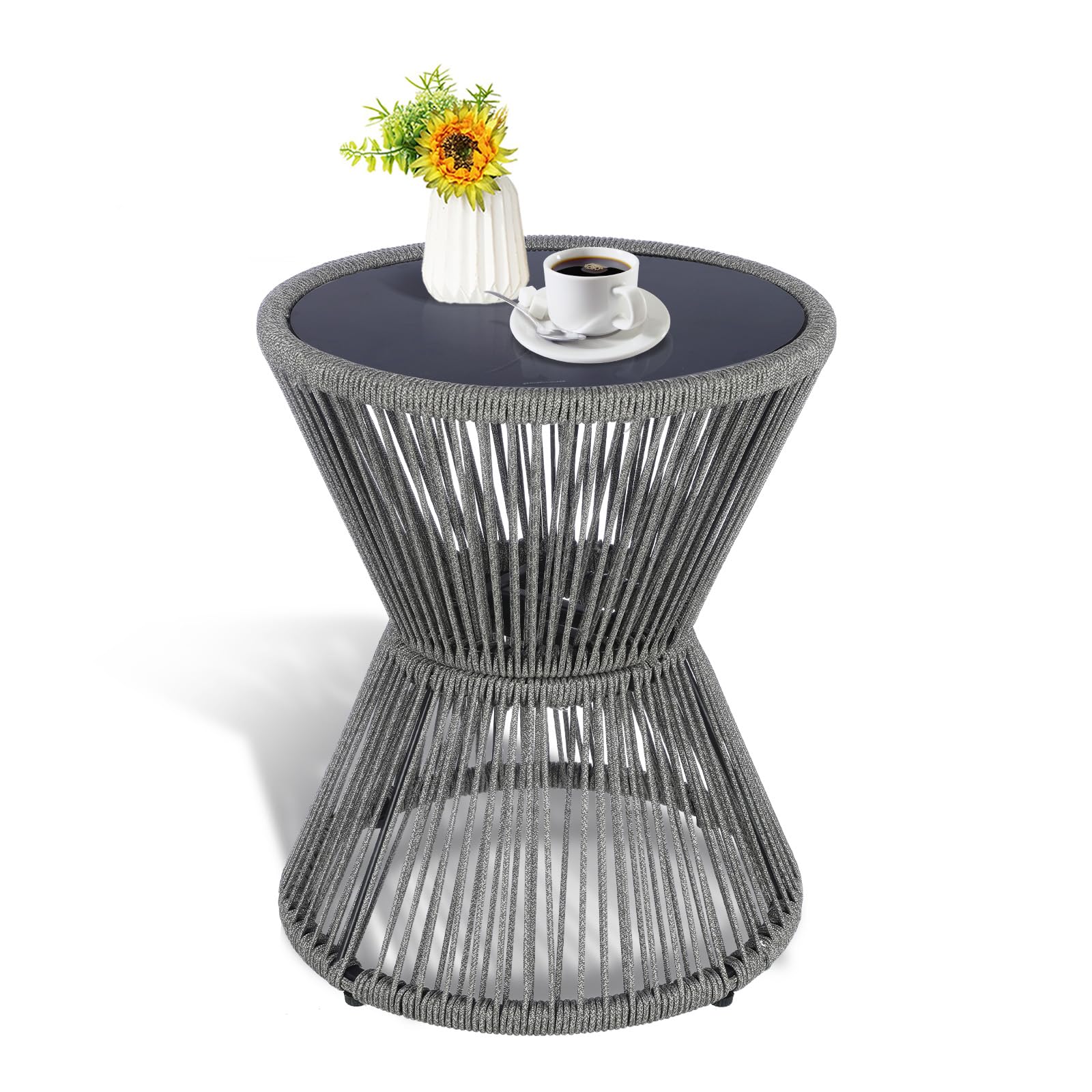 Woven Rope Outdoor Side Table with Glass Top