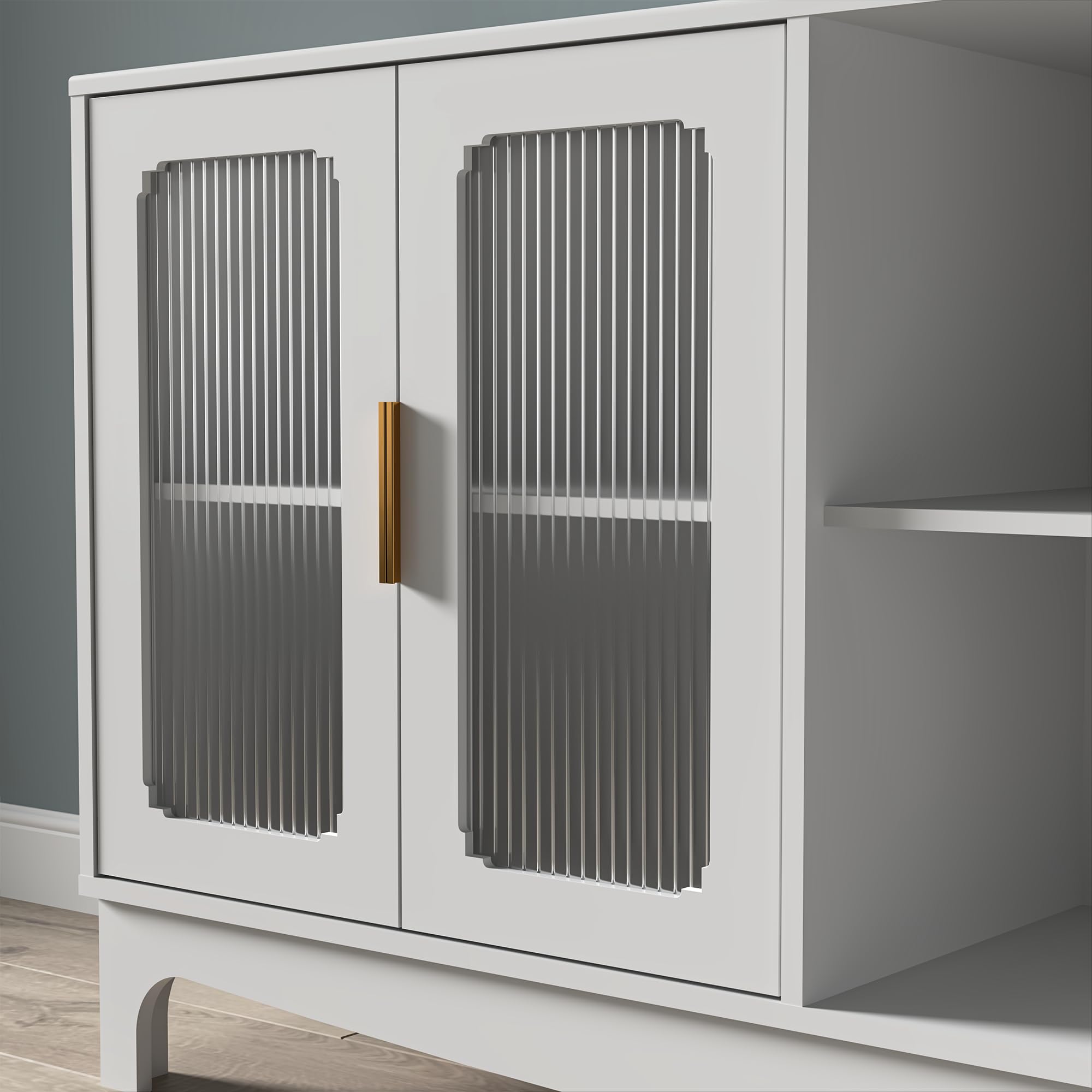 65 Inch White TV Stand with Glass Door Storage Cabinet