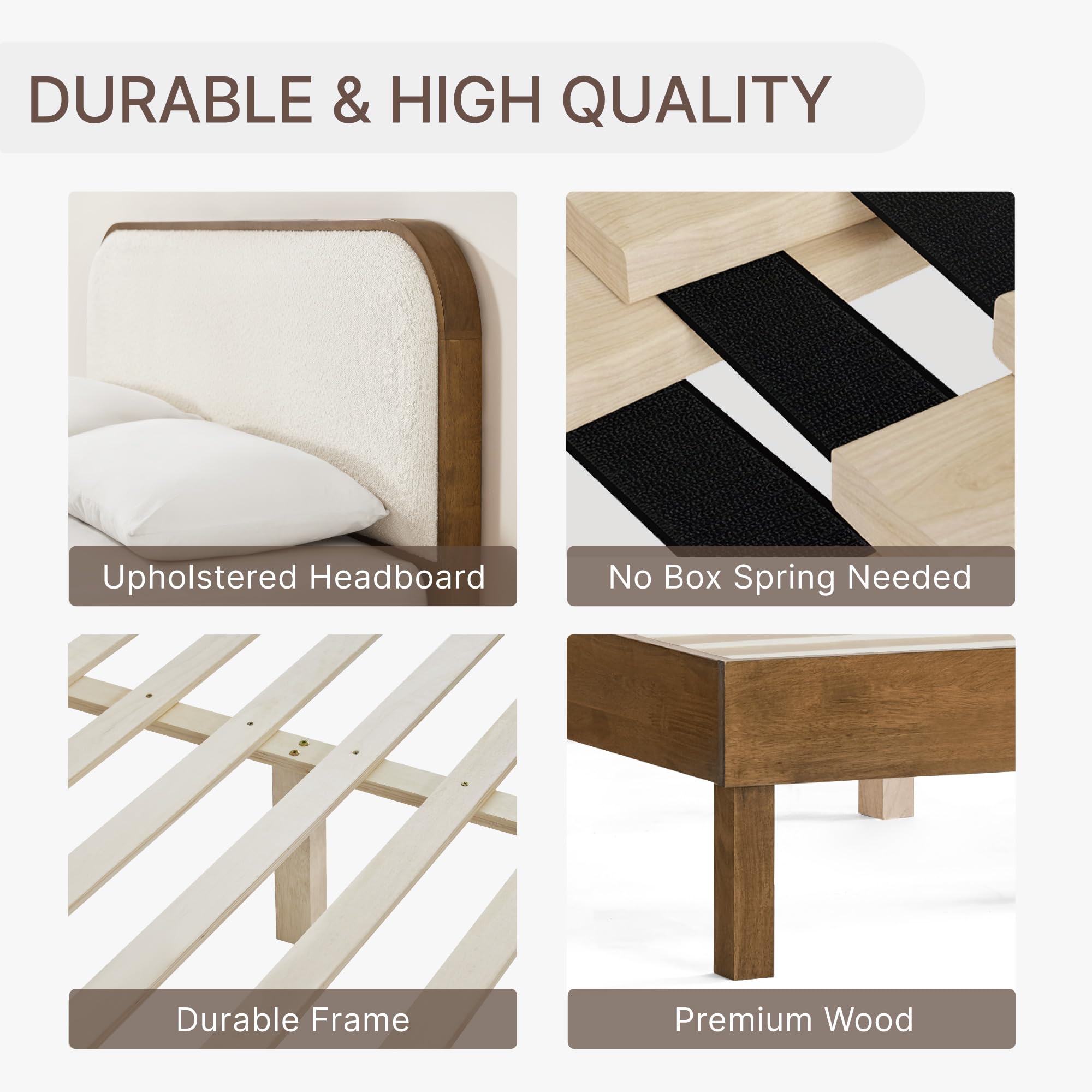 Wood Bed Frame with Upholstered Headboard Queen Size