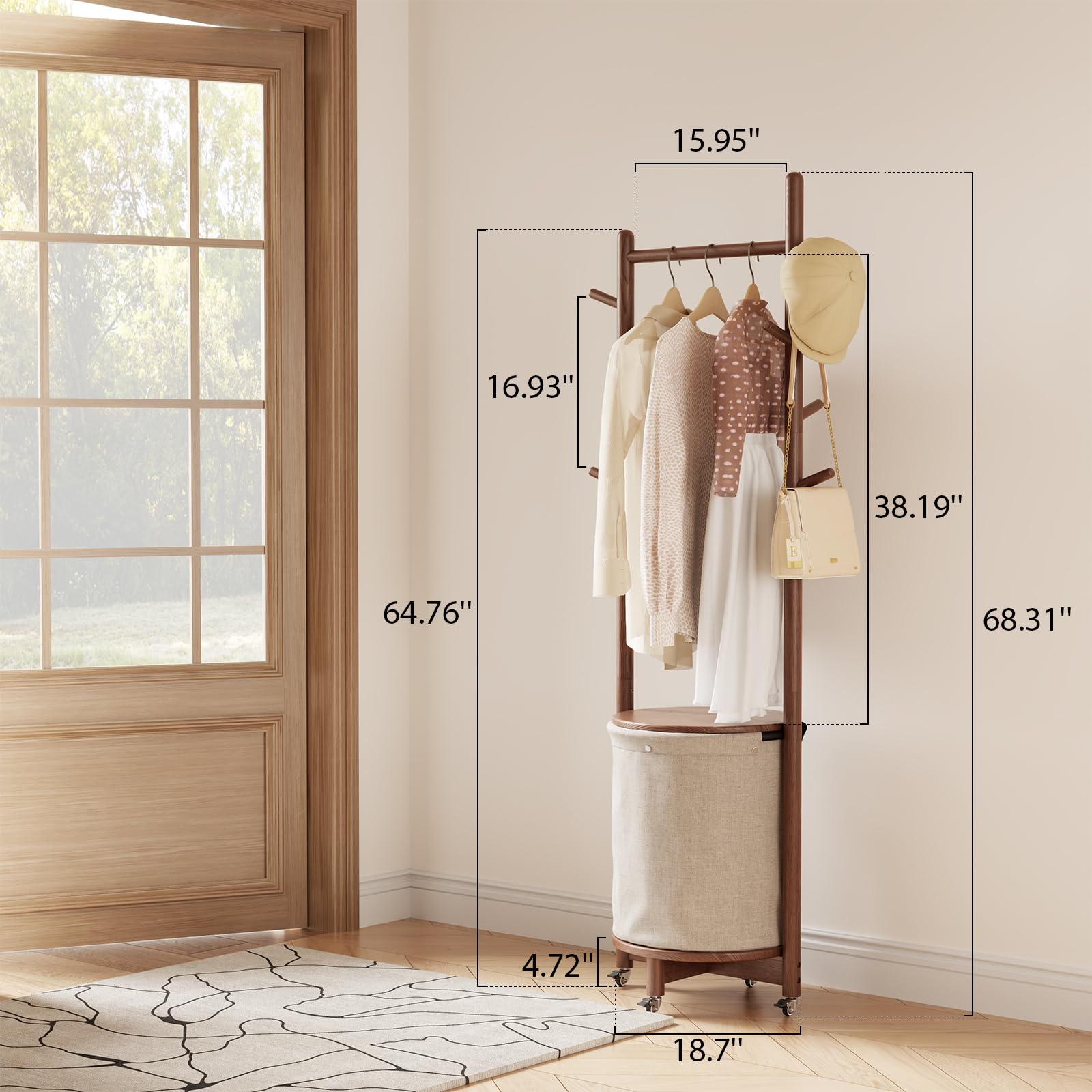 Solid Wood Coat Rack with Fabric Basket and 9 Hooks