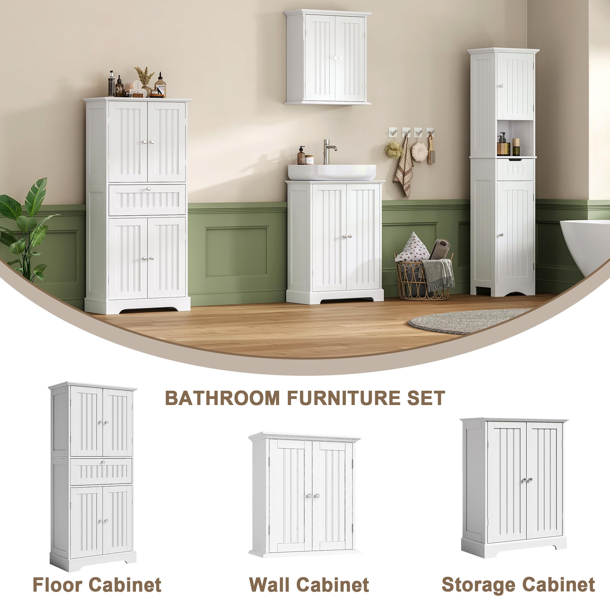 51" Tall Bathroom Floor Cabinet with Drawer and Adjustable Shelves