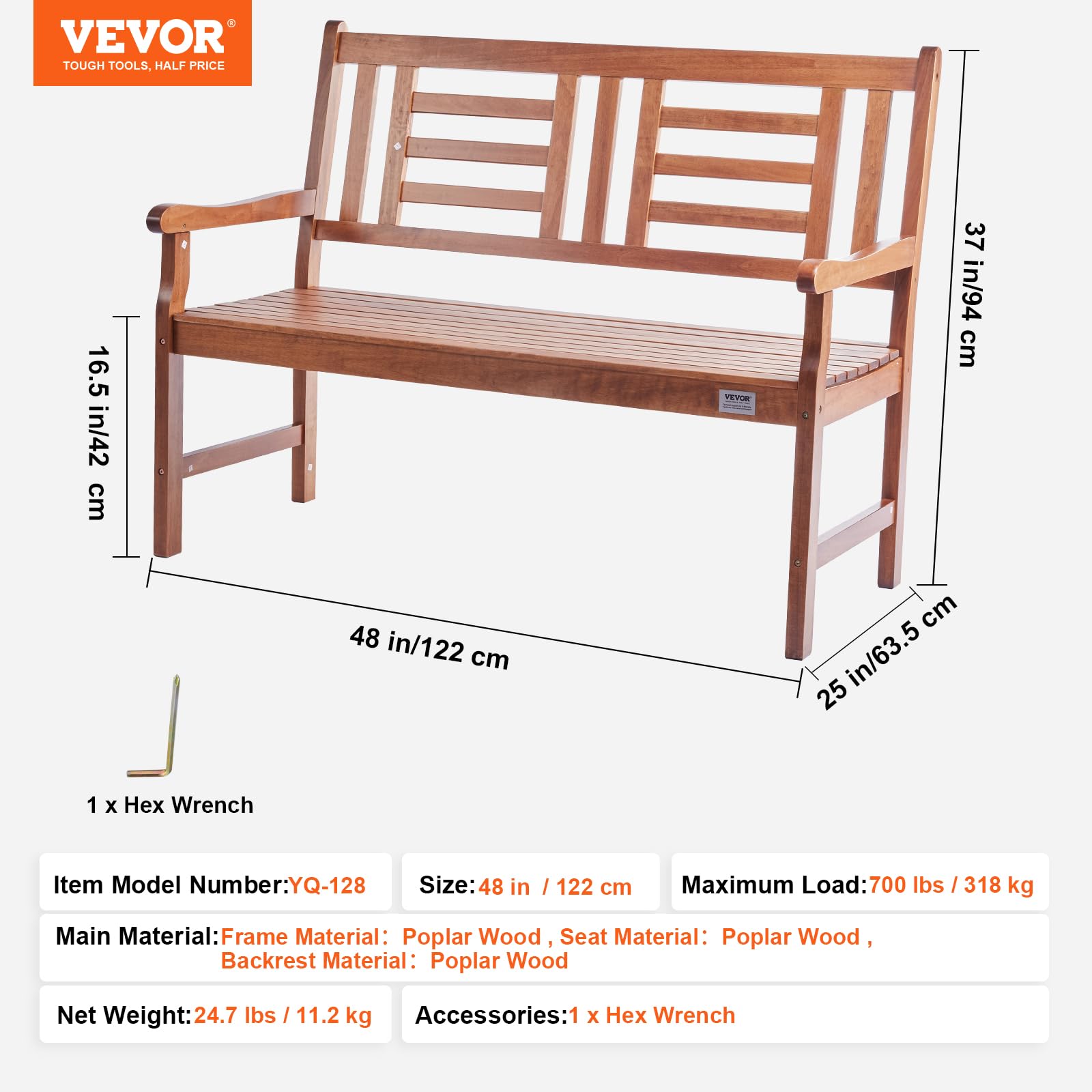 48-Inch Wood Outdoor Garden Bench with Backrest and Armrests