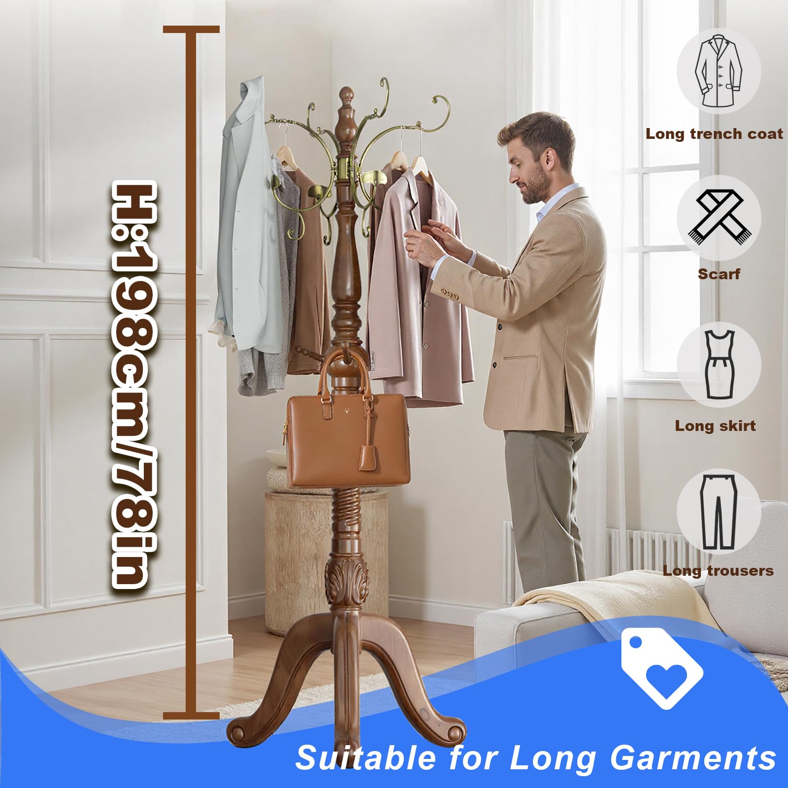 Freestanding Coat Rack with 12 Metal Hooks