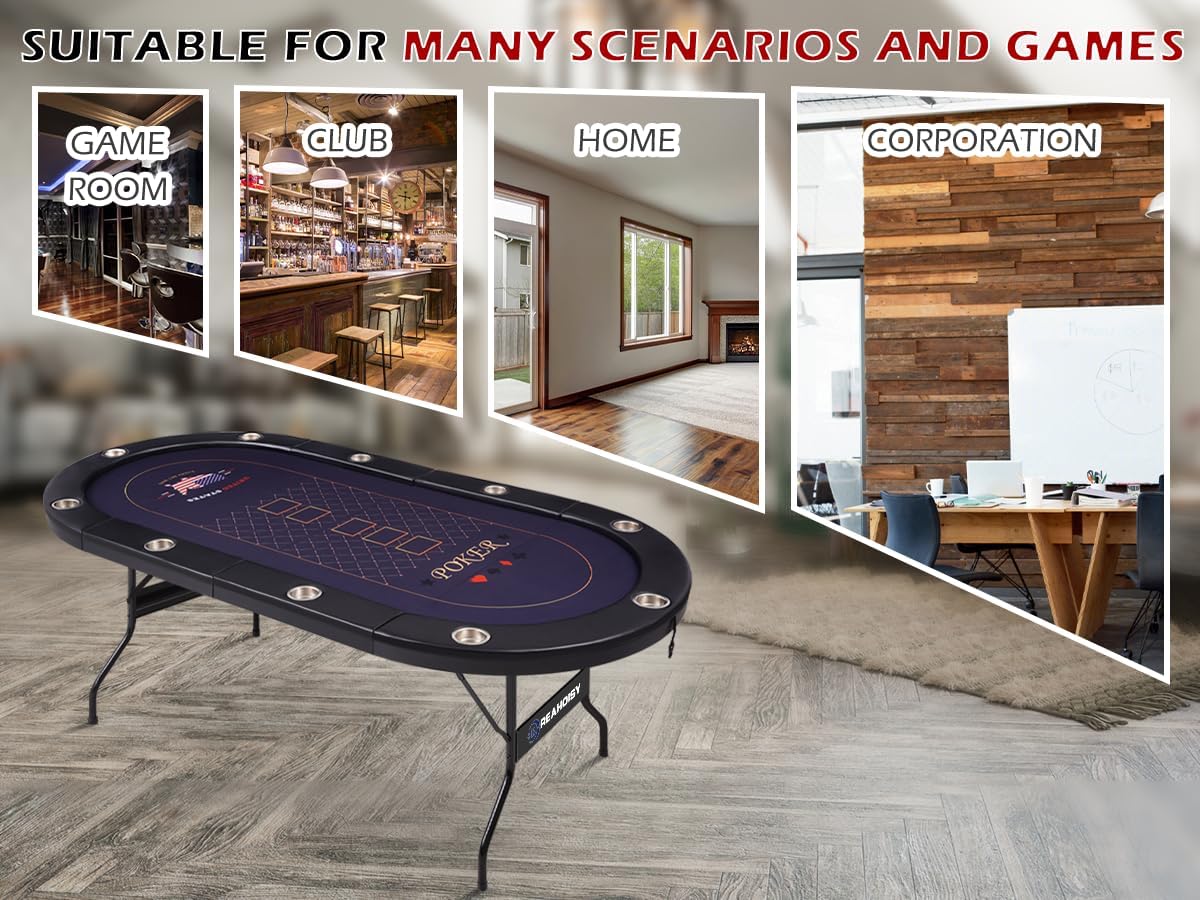 REAHOISY 10 Player Poker Table Foldable, Folding Texas Holdem Casino Table with Padded Rails & Cup Holders, Portable Poker Game Table for Home or Game Room, 84 Inch