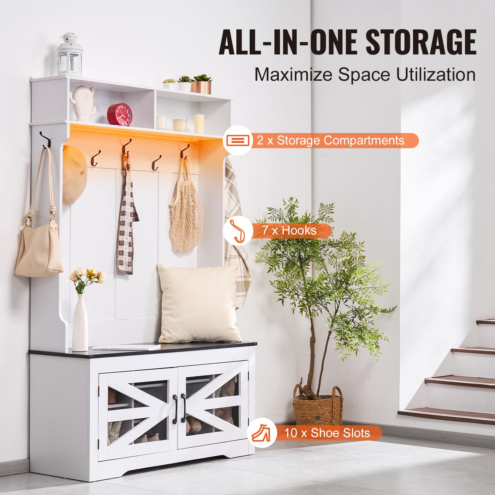 Hall Tree Entryway Bench with LED Coat Rack