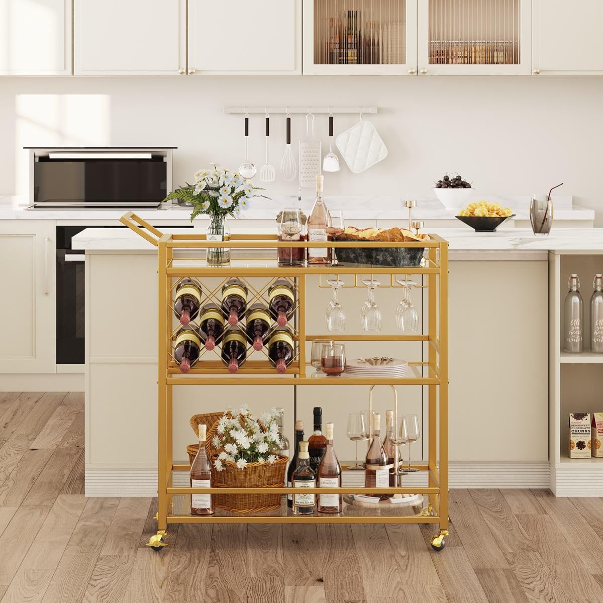 Gold Bar Cart with Wine Rack and Glass Holder