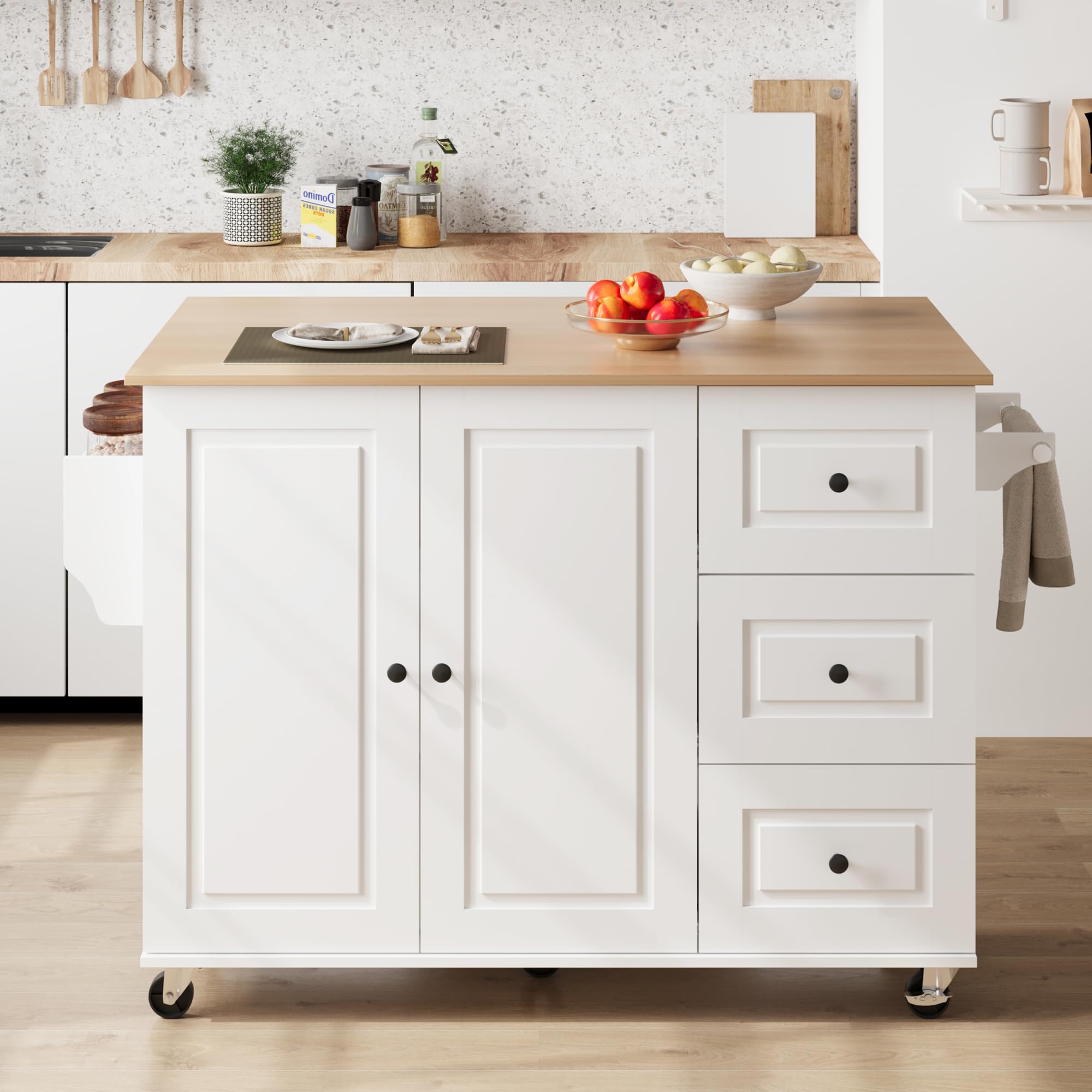 Mobile Kitchen Island with Drop Leaf and Storage