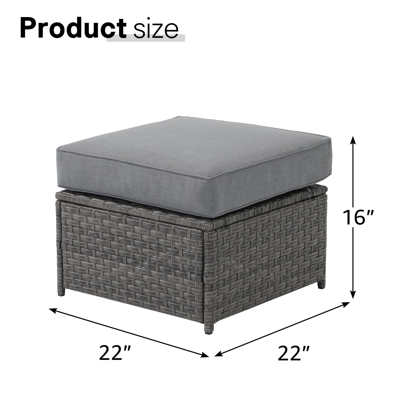 Outdoor Patio Ottoman Set of 2 - Grey Wicker Footstool with Cushions