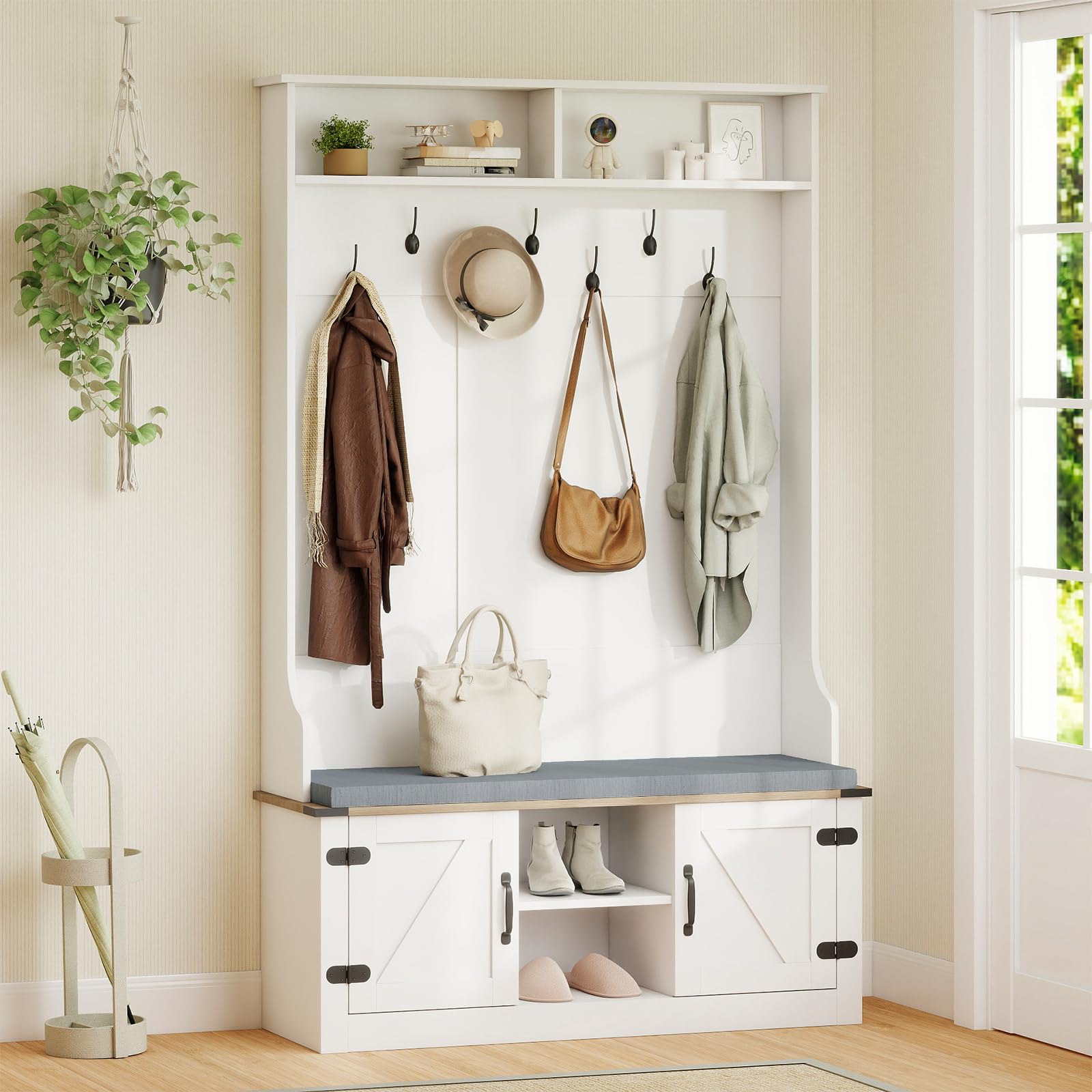 Hall Tree with Cushioned Bench and Shoe Storage