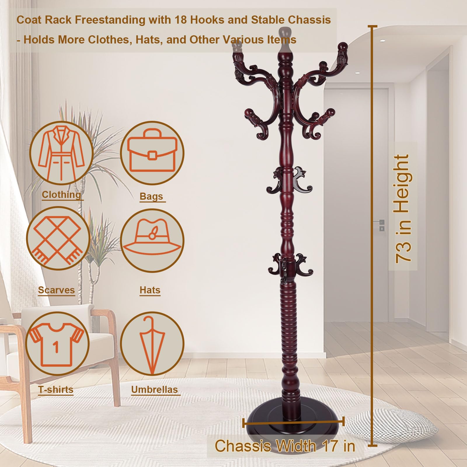 Freestanding Wooden Coat Rack with 18 Hooks