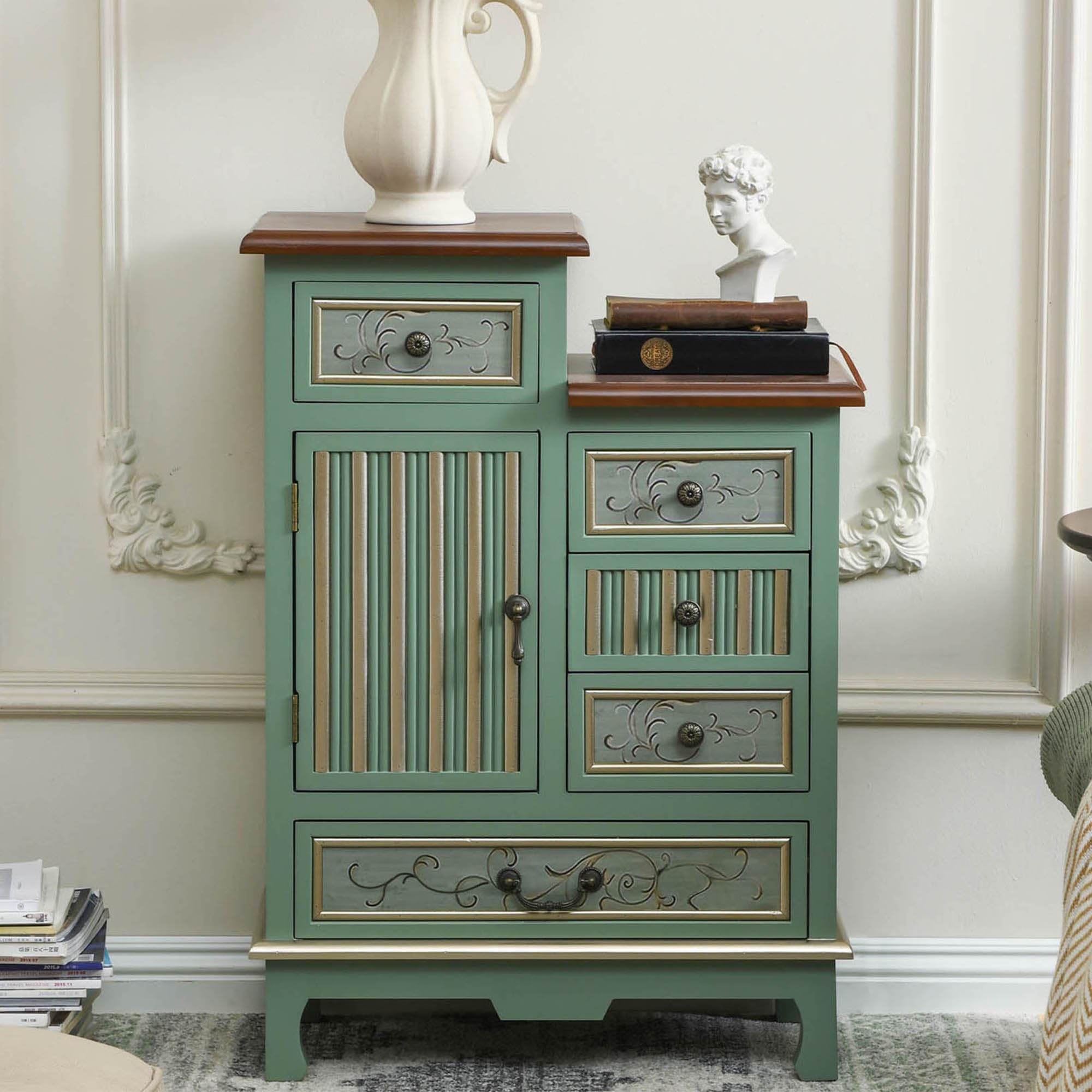 Vintage Accent Chest with 5 Drawers and Door Storage Cabinet