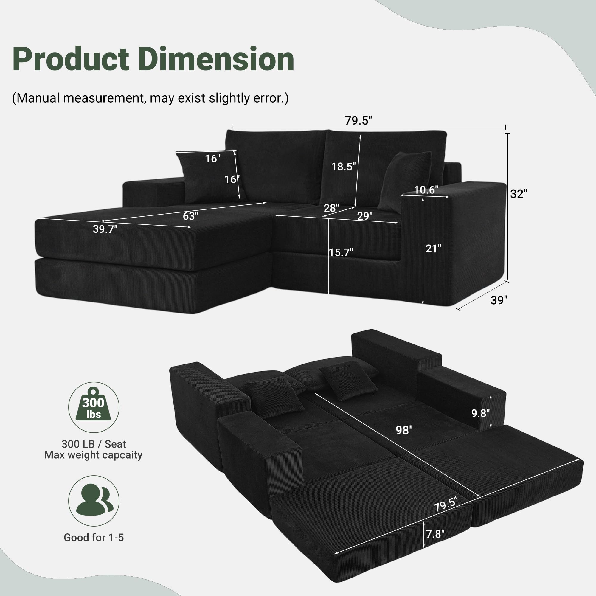 Modular Sectional Cloud Sofa 3-Seater L-Shaped Convertible