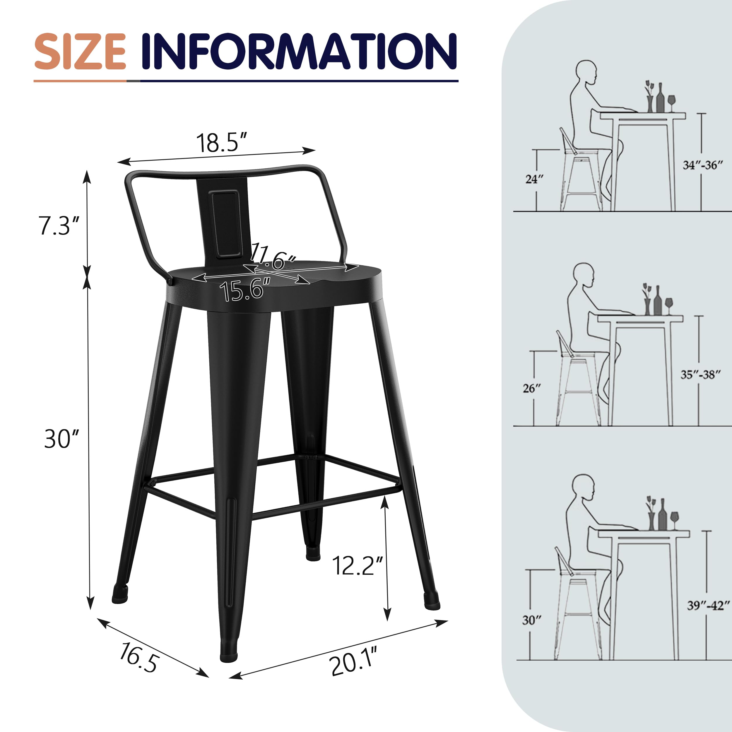 Metal Bar Stools Set of 4 with Back