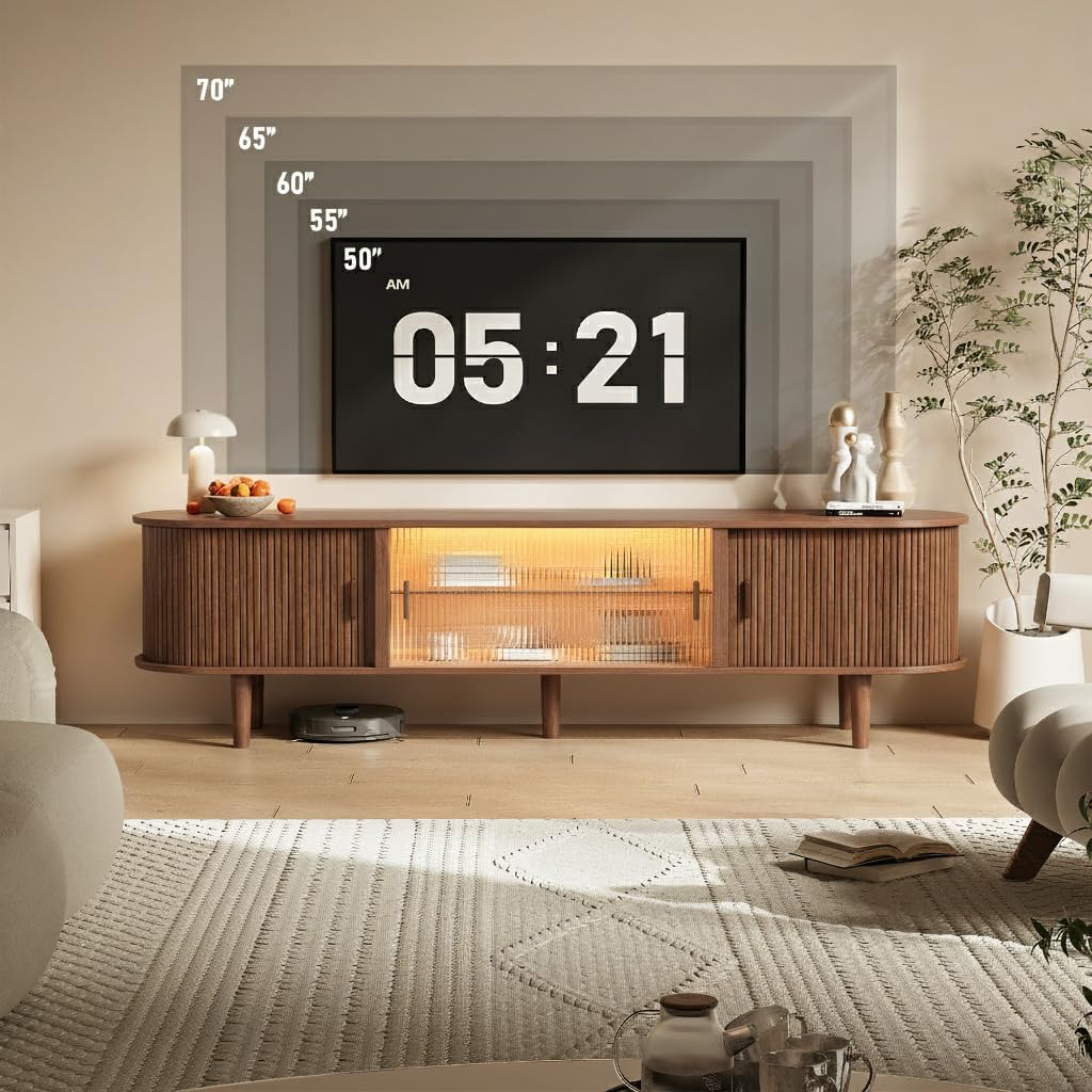 70" Fluted TV Stand with LED Lights and Sliding Doors