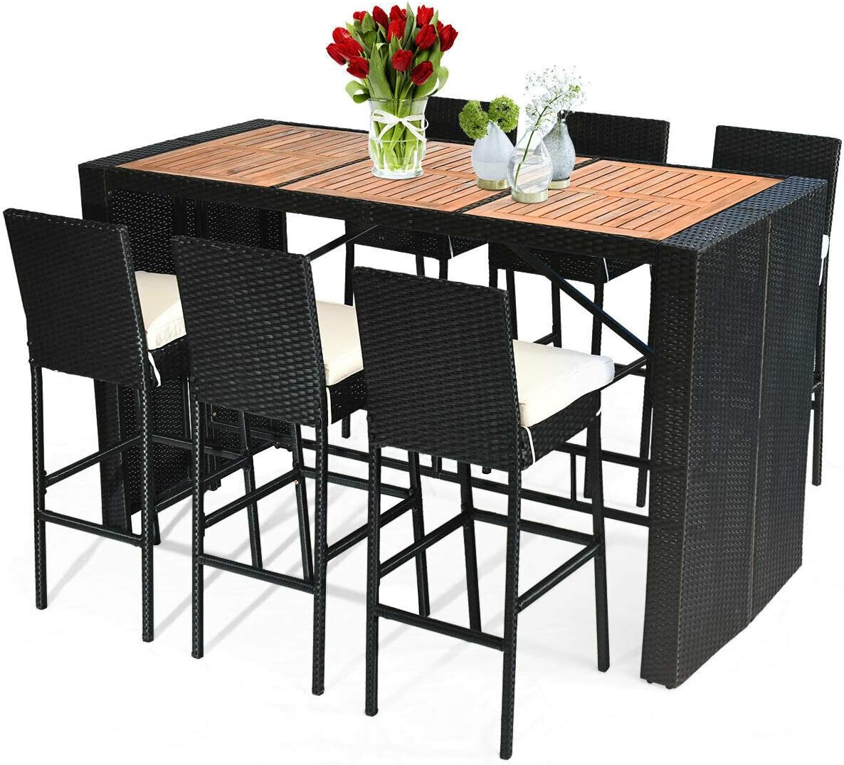 7-Piece Outdoor Wicker Dining Set with Acacia Wood Bar Table