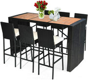 7-Piece Outdoor Wicker Dining Set with Acacia Wood Bar Table