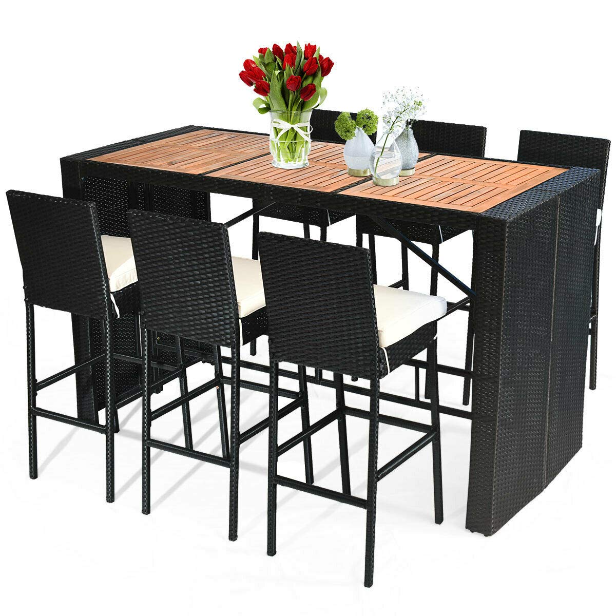 7-Piece Outdoor Wicker Dining Set with Acacia Wood Bar Table