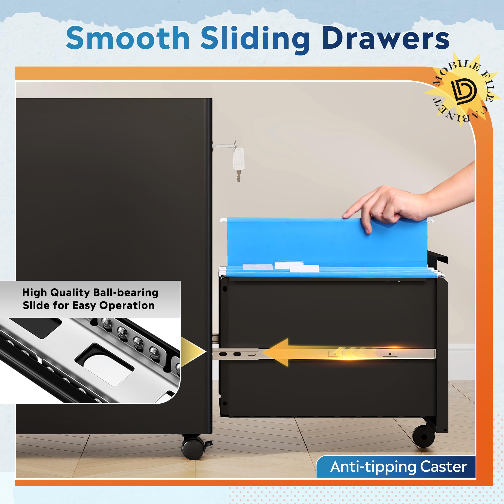 2-Drawer Locking File Cabinet with Wheels