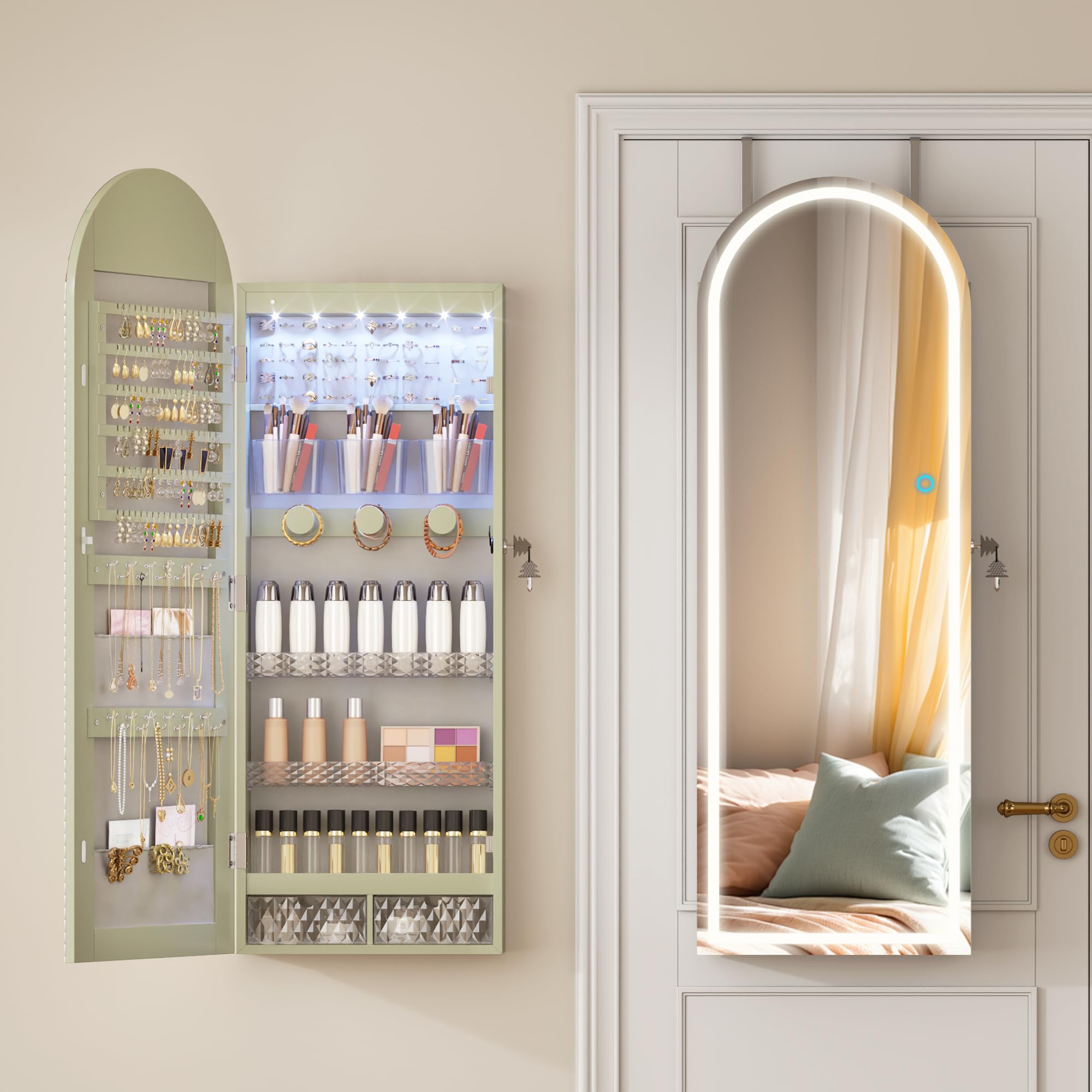 Wall Mounted Jewelry Organizer with LED Mirror