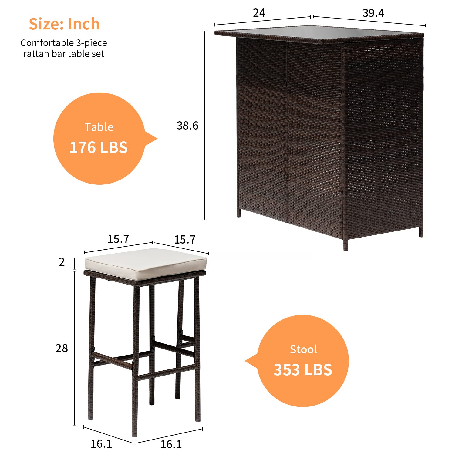 3-Piece Wicker Patio Bar Set with Glass Top Table