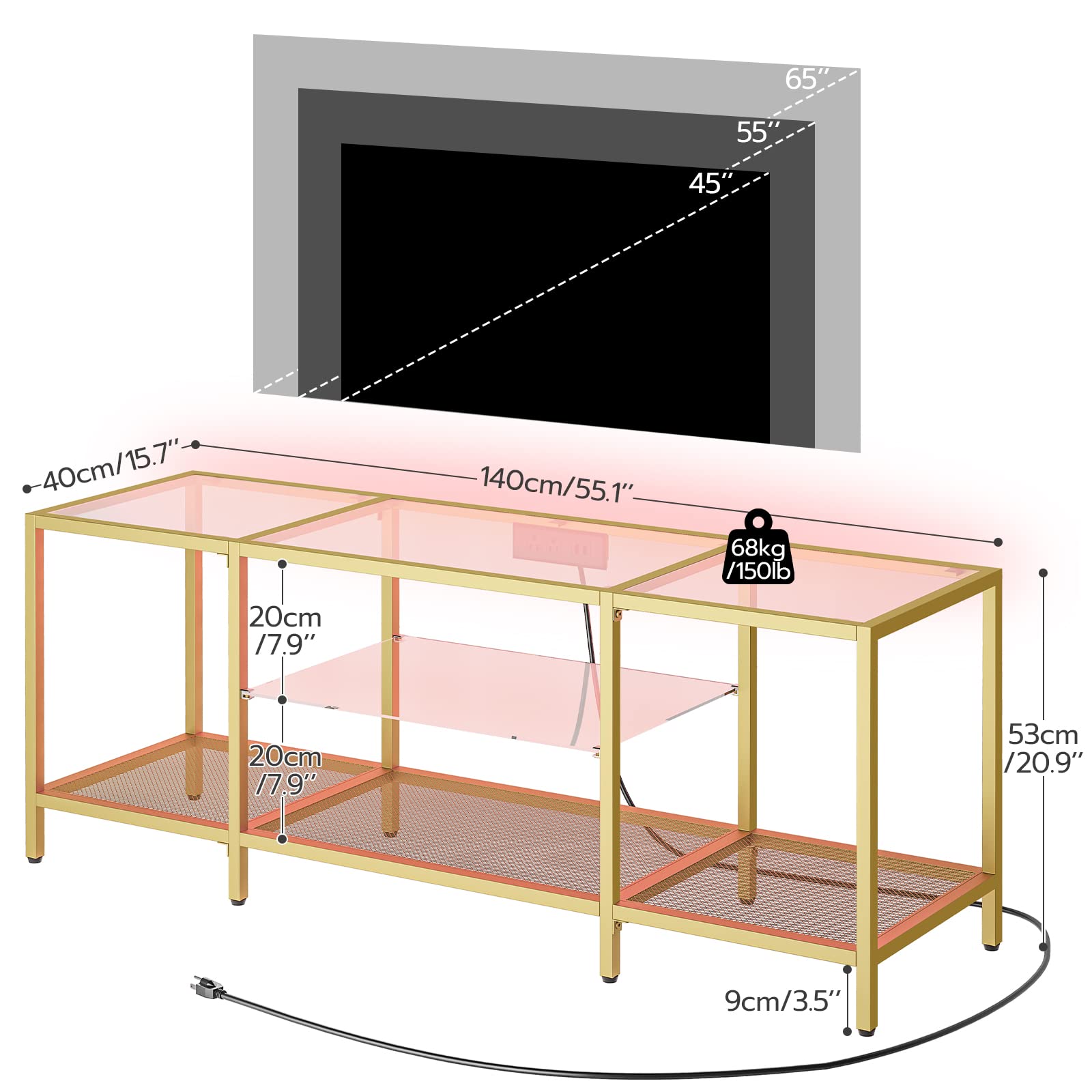55 Inch Glass TV Stand with LED Lights