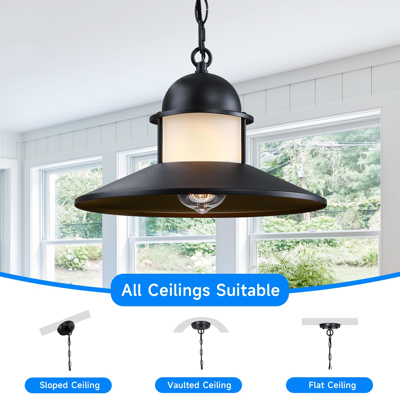 Outdoor Pendant Light 2 Pack Matte Black with Frosted Glass