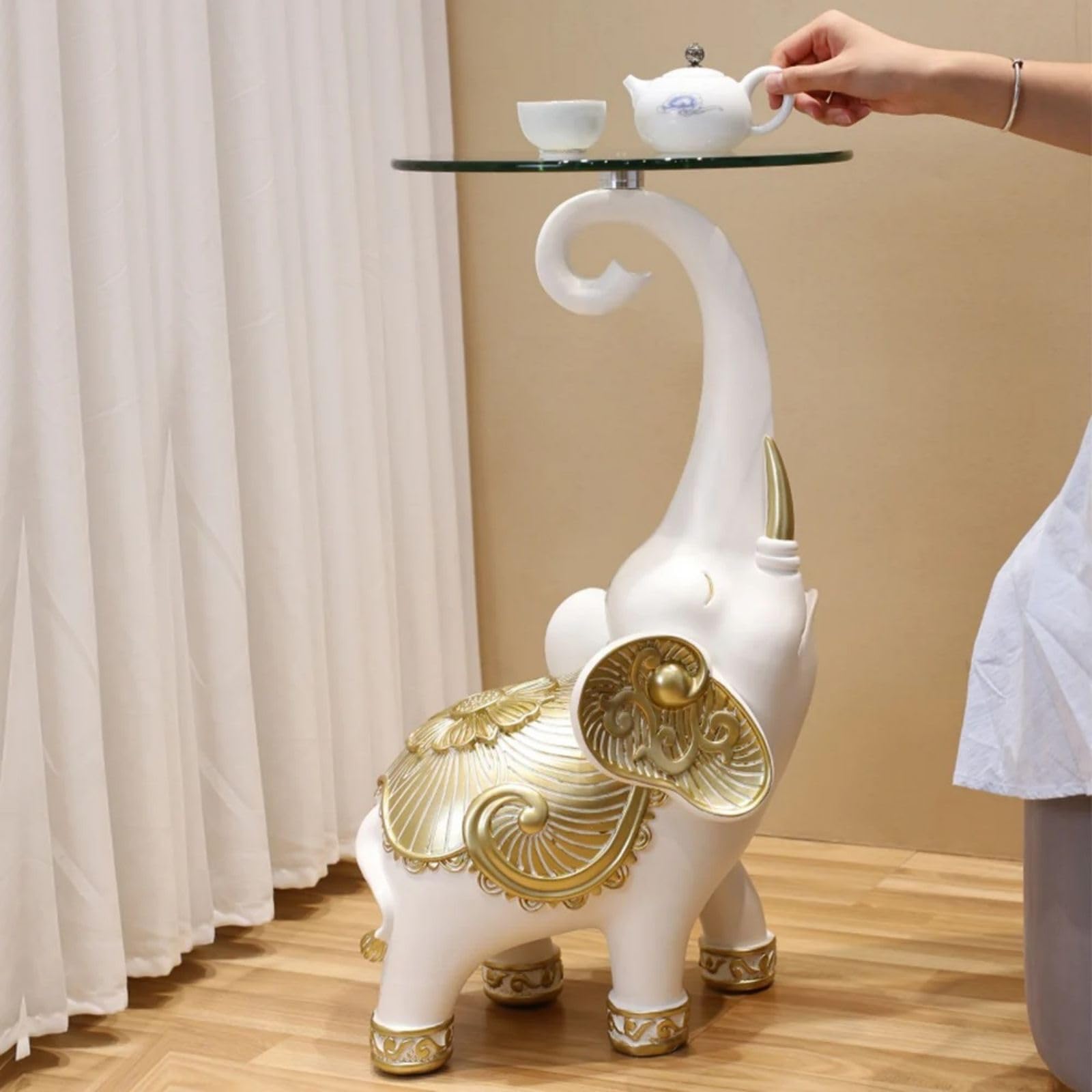 White Elephant Statue Side Table with Clear Glass Top