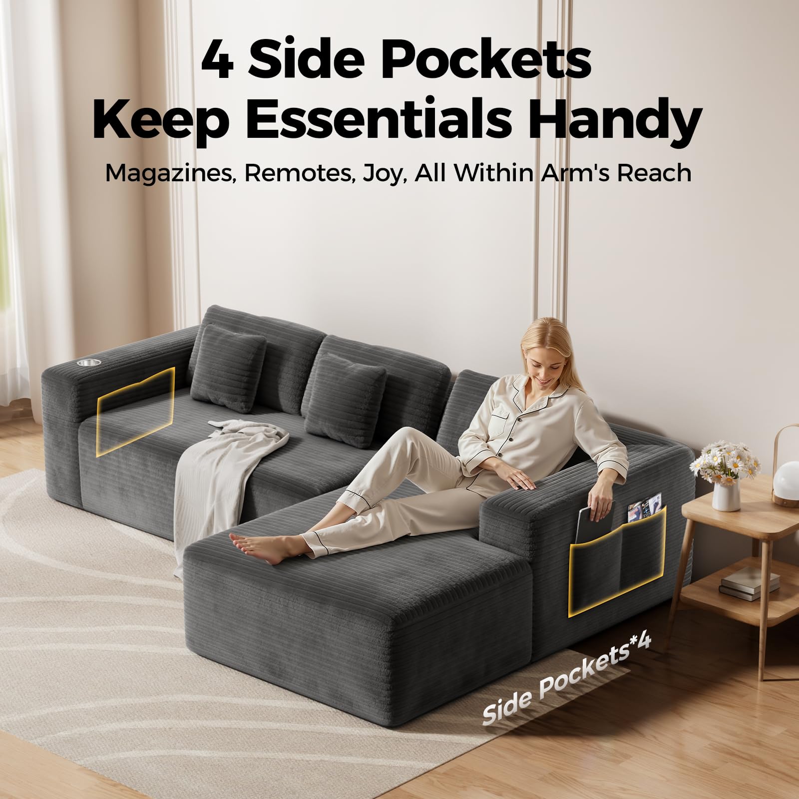 108" Cloud Sectional Sofa with Deep Seat and Storage